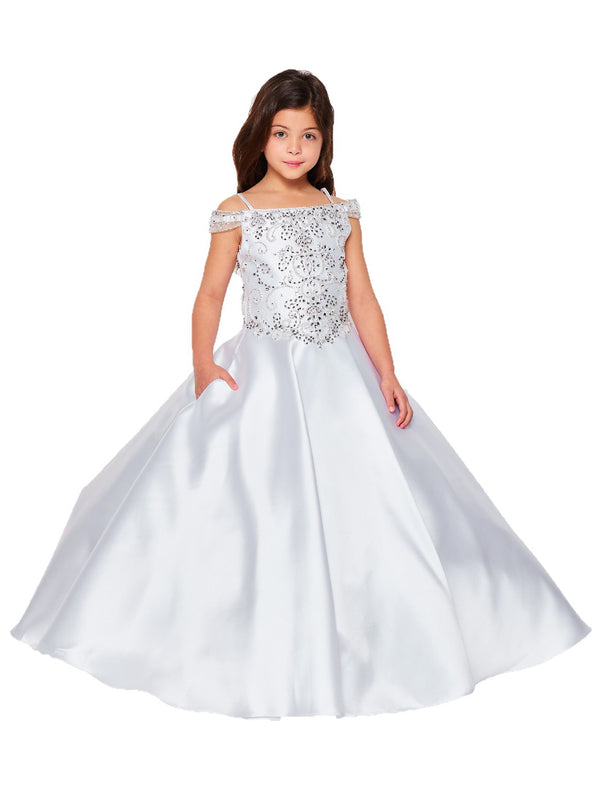 Big Girls White Rhinestone Crepe Satin Off Shoulder Ball Gown 8-16 - SophiasStyle.com